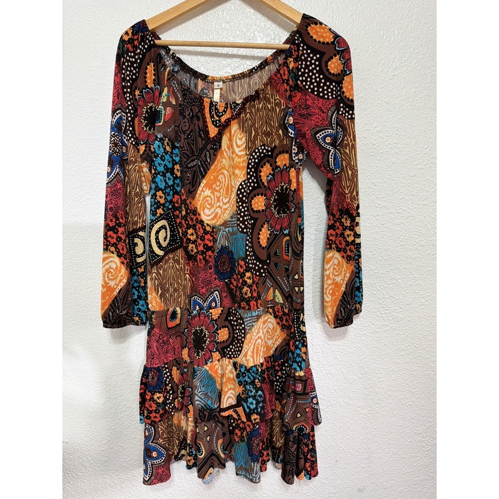 Uncle Frank Womens Multi Color Patchwork Floral Ruffle Tiered Mini Dress Small